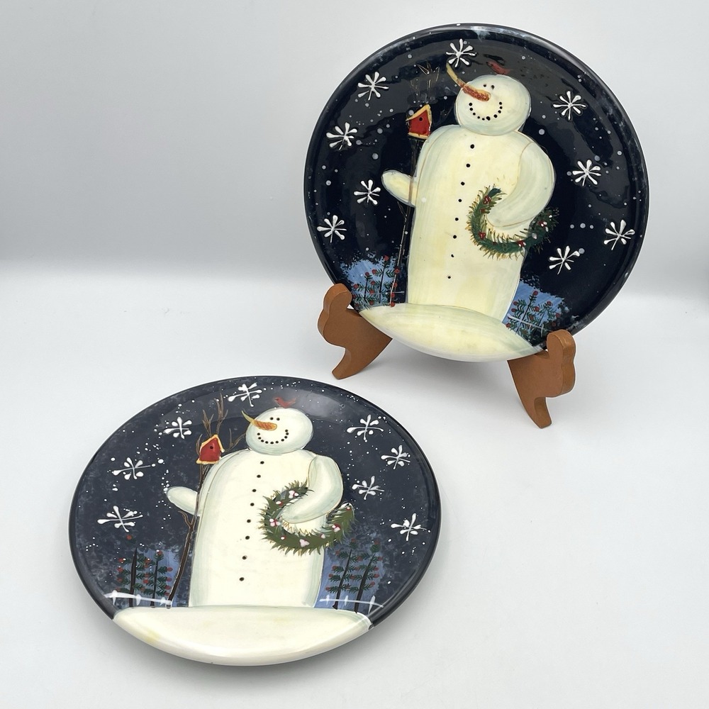 Vintage Certified International Mary Beth Baxter Twilight Snowman 2 Plates 8.25"